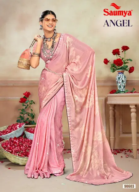 Angel By Saumya Chiffon Brasso Printed Party Wear Saree Wholesale Market In Surat